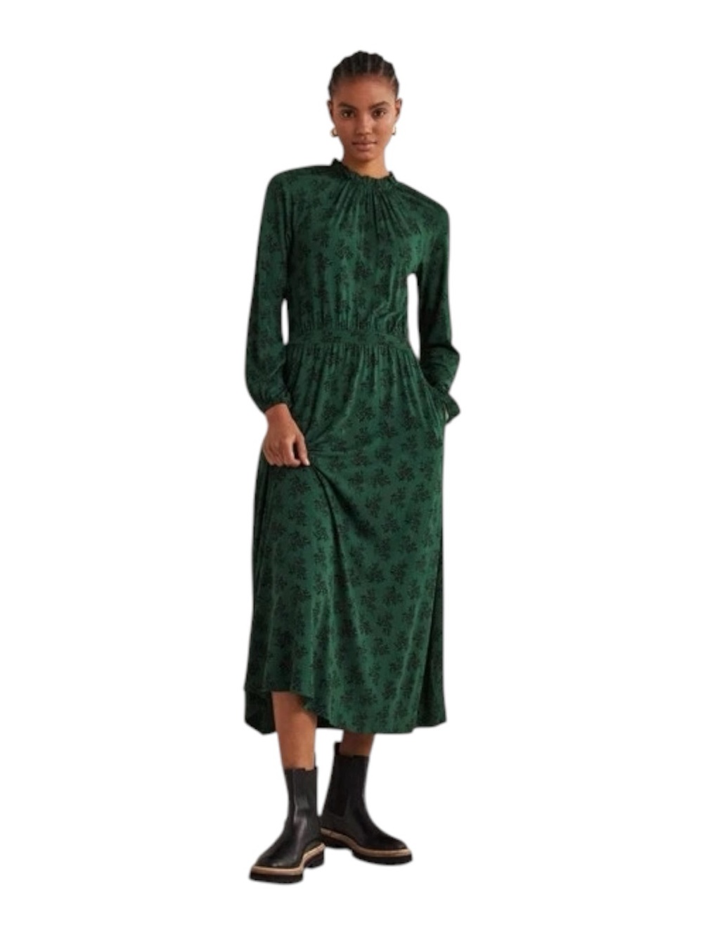 Boden Midi Dress 6 US Dark Green Black Floral Ruffle Neck Jersey
